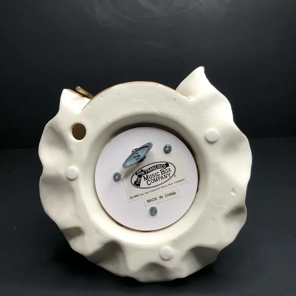 San Francisco Music Box Co Vintage Rare Porcelain Music Box White and Gold Santa